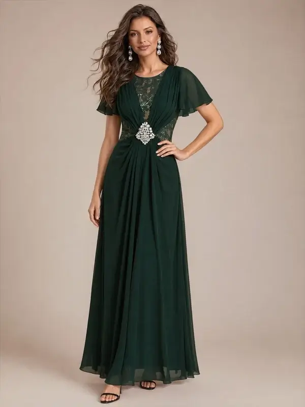 ey2865 green lace and chiffon long evening gown with ruffle sleeves eternally yours