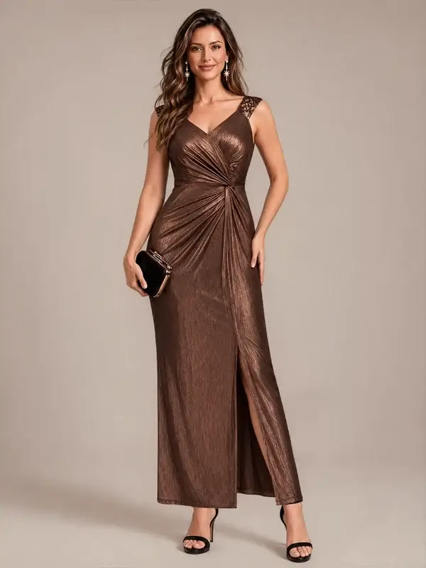 ey2878 brown metallic fitted long evening gown with slit eternally yours