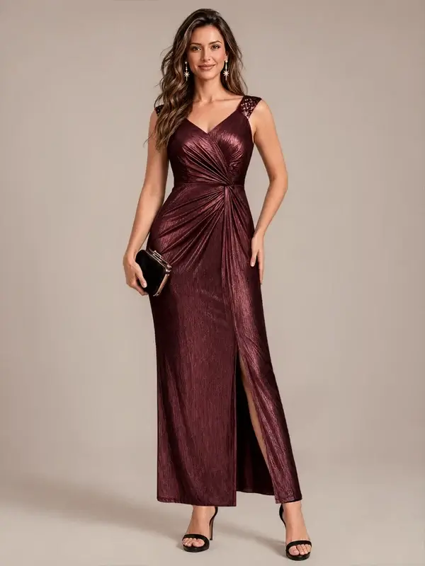 ey2878 burgundy metallic fitted long evening gown with slit eternally yours