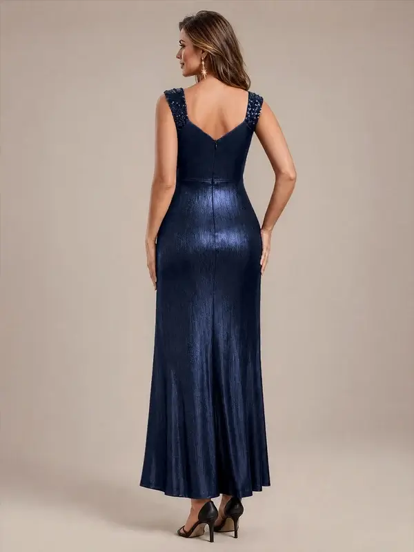 ey2878 navy blue 1 metallic fitted long evening gown with slit eternally yours