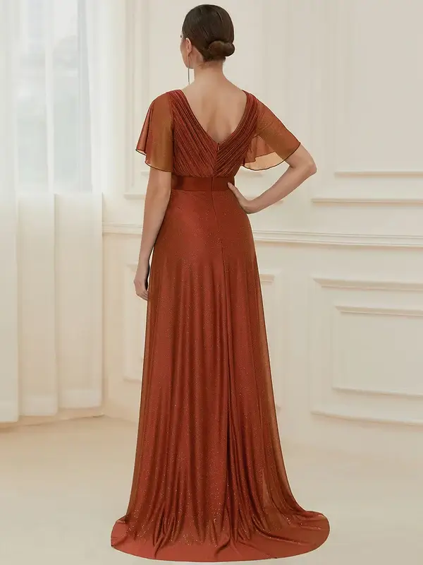 ey50159 burnt orange 1 glitter aline long evening gown with flutter sleeves eternally yours