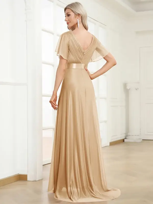 ey50159 gold 1 glitter aline long evening gown with flutter sleeves eternally yours