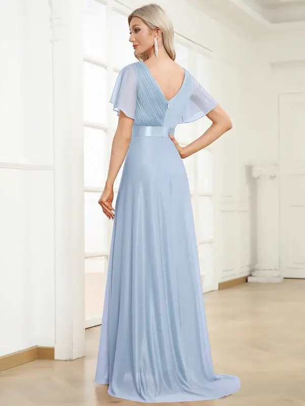 ey50159 ice blue 1 glitter aline long evening gown with flutter sleeves eternally yours
