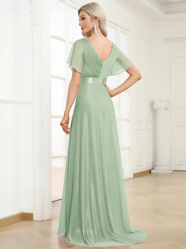 ey50159 mint green 1 glitter aline long evening gown with flutter sleeves eternally yours