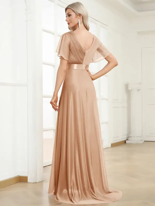 ey50159 rose gold 1 glitter aline long evening gown with flutter sleeves eternally yours
