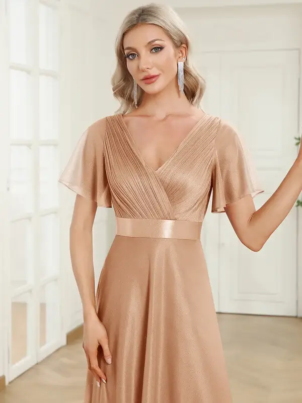 ey50159 rose gold 2 glitter aline long evening gown with flutter sleeves eternally yours