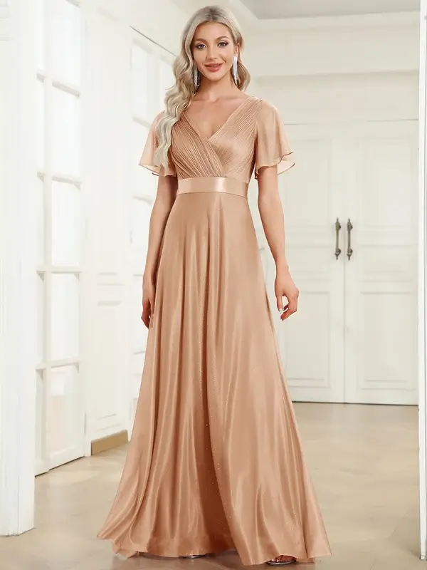 ey50159 rose gold glitter aline long evening gown with flutter sleeves eternally yours